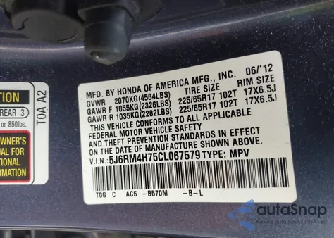 2012 Honda Cr-V Ex-L from USA, damaged, VIN 5J6RM4H75CL067579